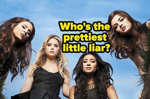 Four characters are hovered over a grave labeled, "Who's the  prettiest  little liar?"