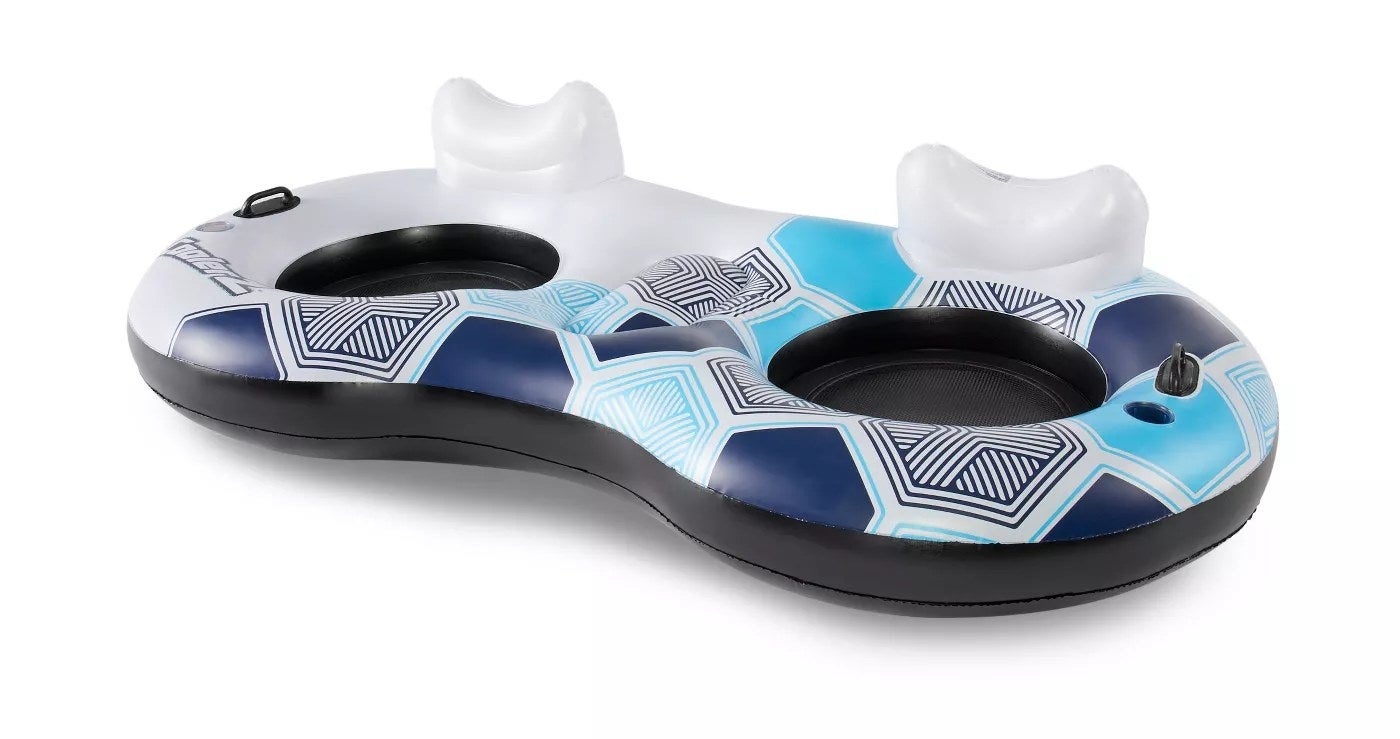 The white, blue, and black inflatable float