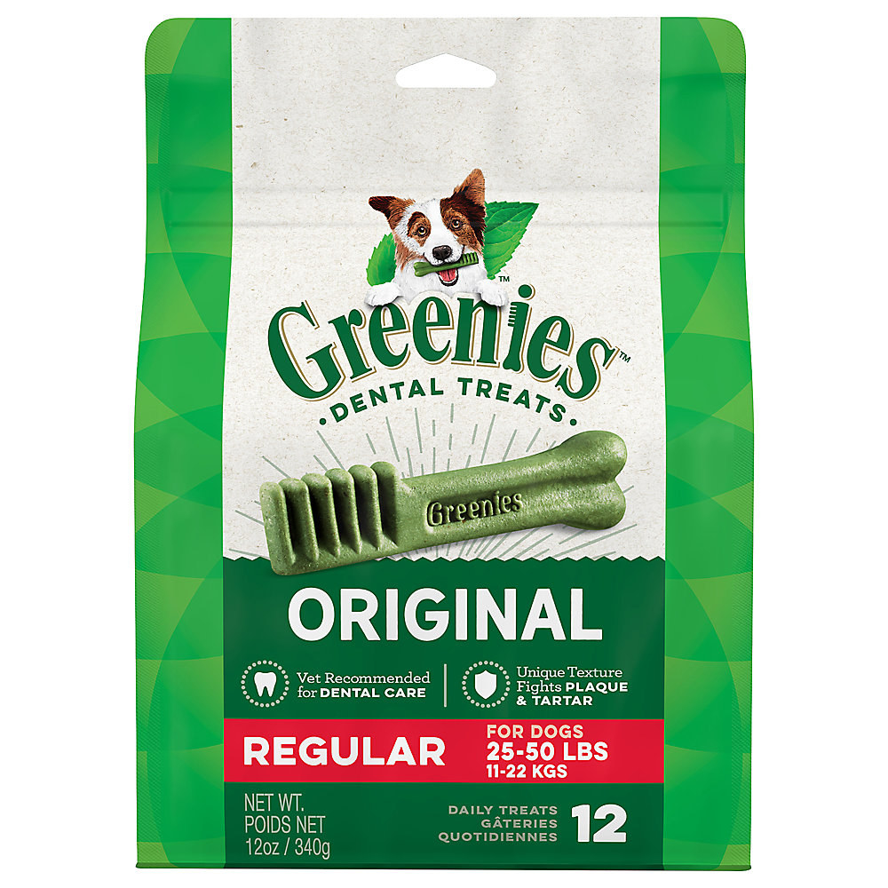 A green bag of greenies dog chews with red and white details