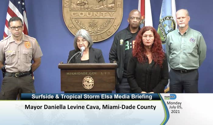 Miami–Dade County Mayor Danielle Levine Cava speaks at the podium at a press conference