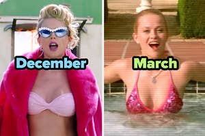 Two people in swimsuits labeled "December" and "March"