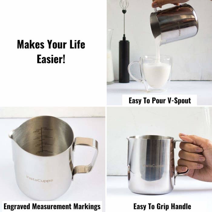 4 images explaining the use of a milk frothing pitcher.