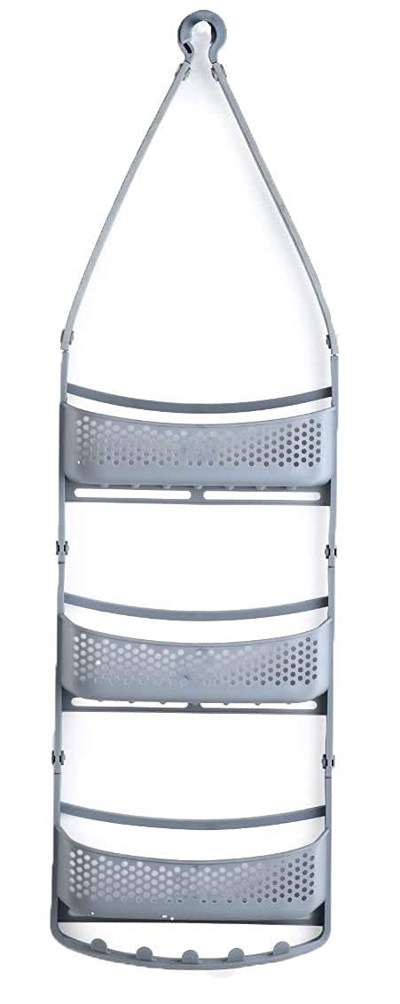 A grey shower caddy with a lop handle that you can hang from the shower head.