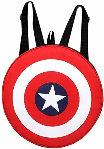 A circular bag shaped like Captain America&#x27;s Red, White and Blue shield with a star in the centre.
