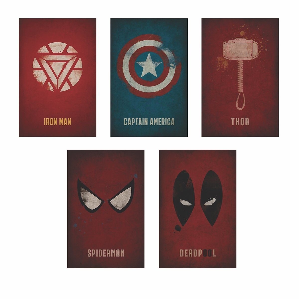 Five posters with iconic symbols for Iron Man, Captain America, Thor, Spiderman and Deadpool.