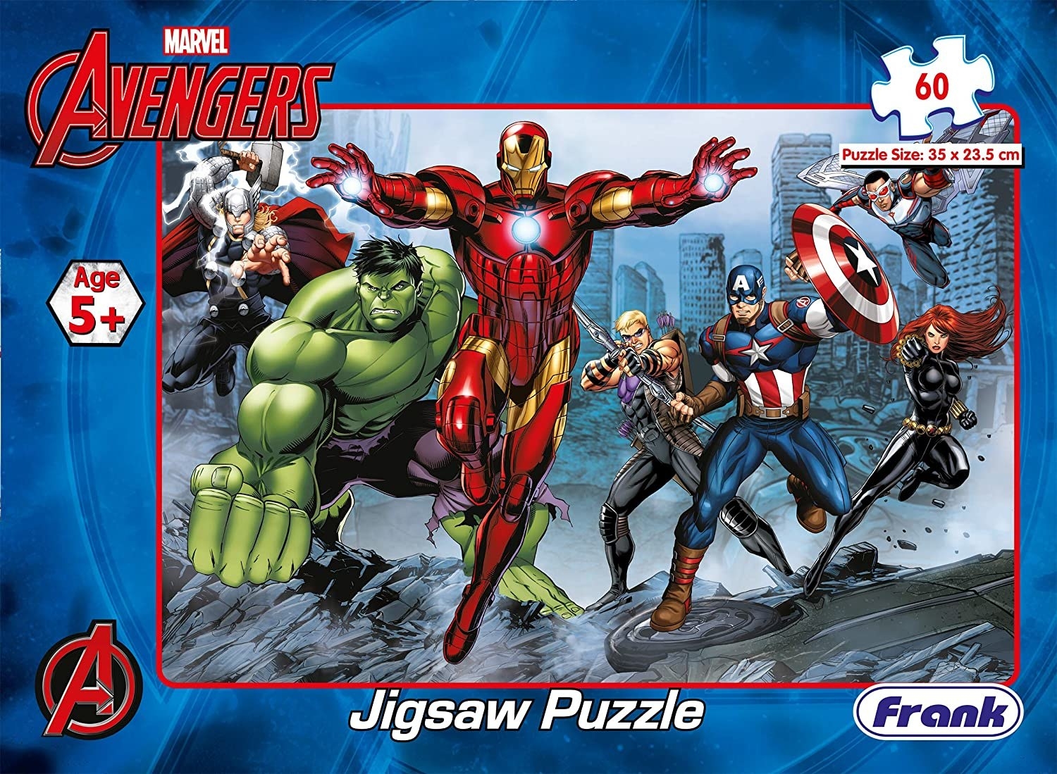 A mid-battle jigsaw puzzle scene with Thor, Hulk, Ironman, Hawkeye, Captain America, Black Widow and Falcon.