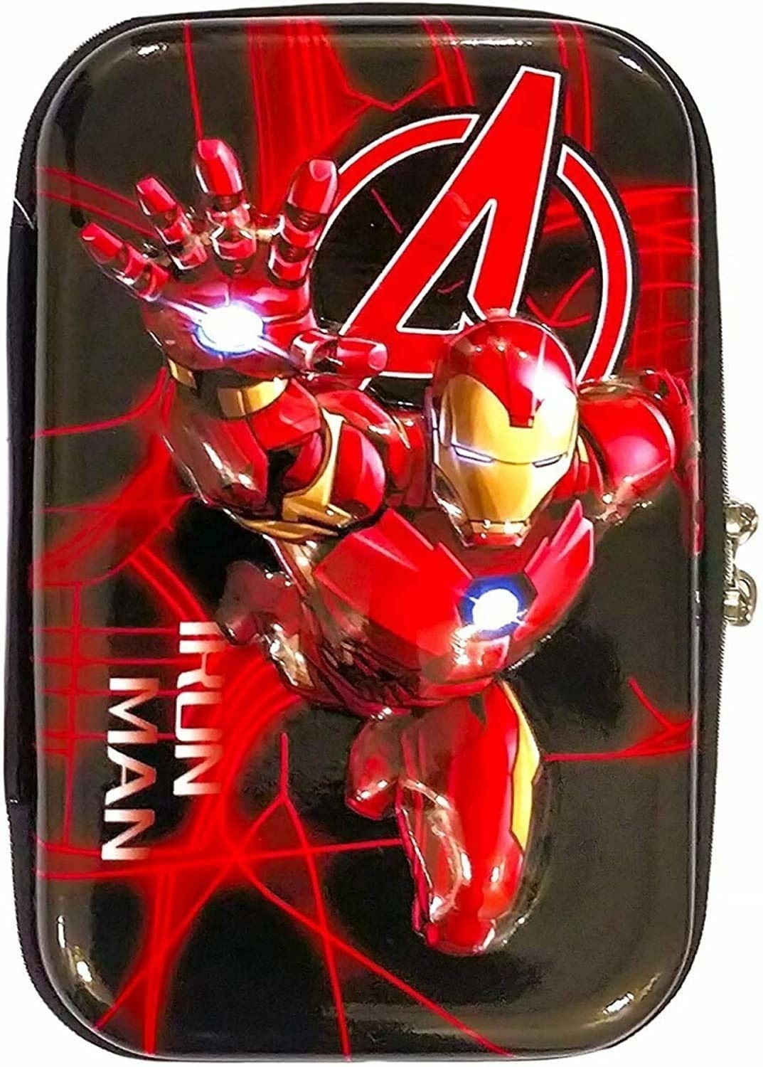 A multipurpose pouch with Ironman in his iconic stance on it.