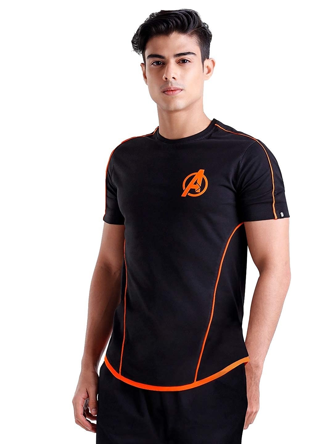 A black t-shirt with the Avengers logo in orange in the corner.
