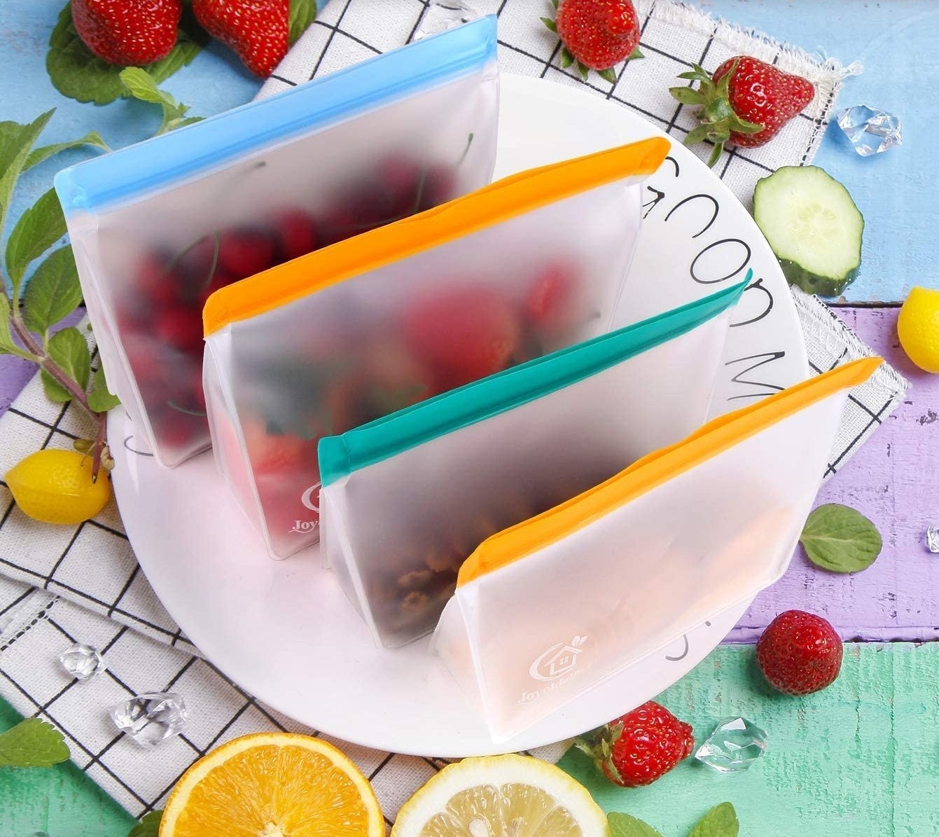 four bags holding various foods