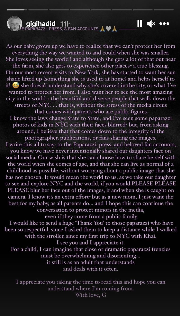 A screenshot of Gigi Hadid&#x27;s open letter to the Paparazzi