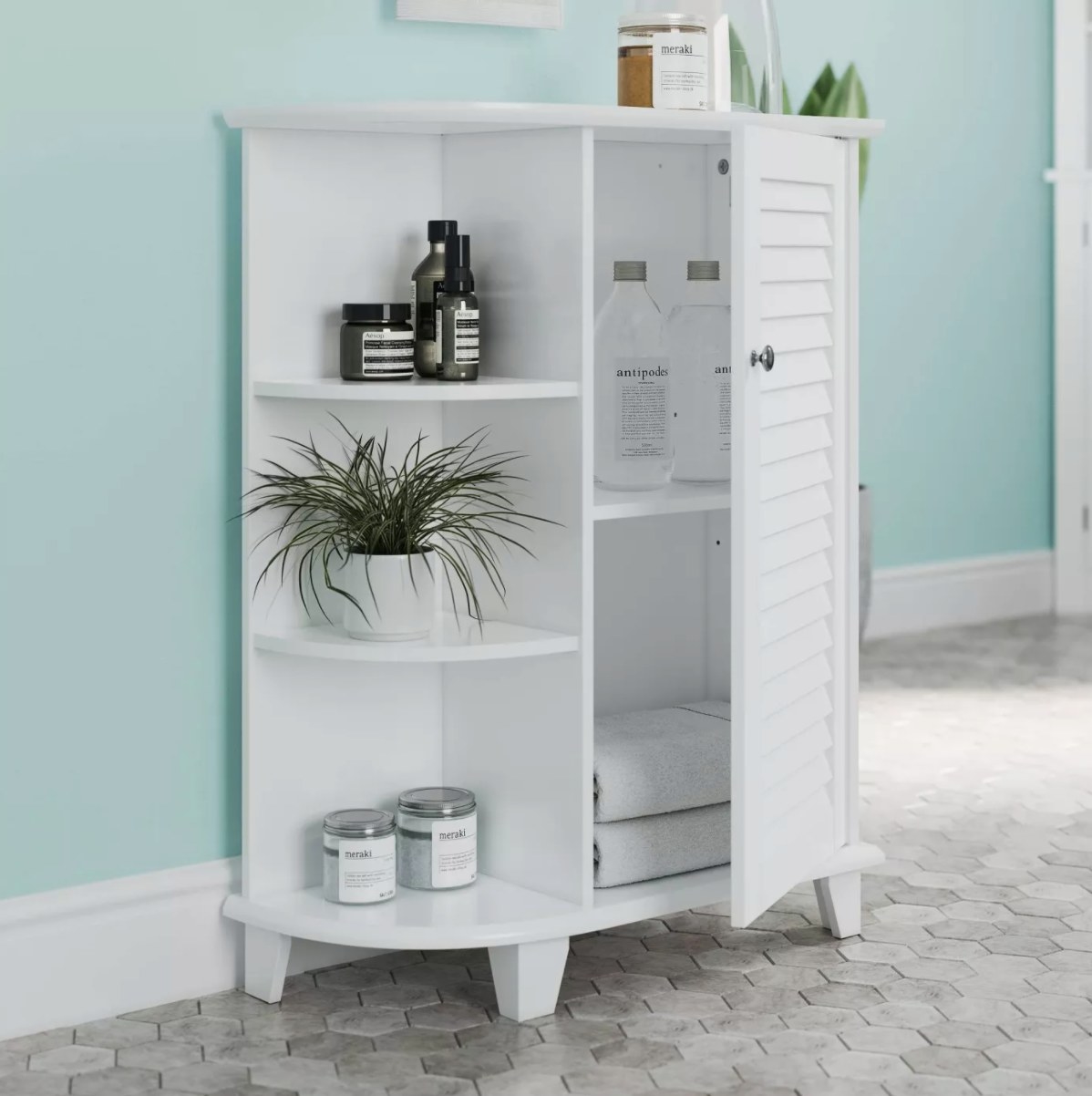 the floor cabinet with side shelves in white