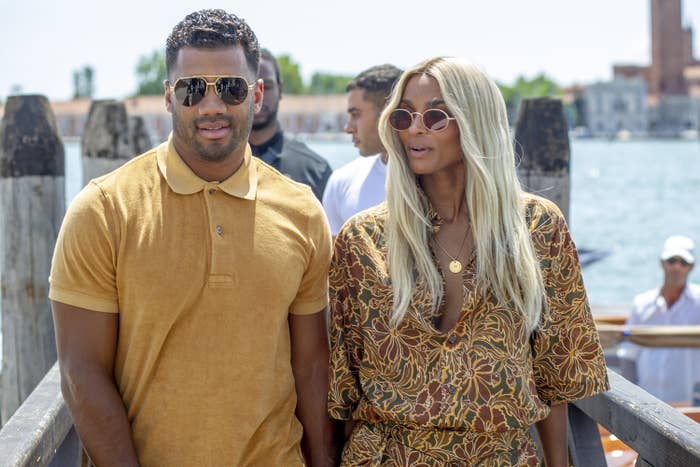 Russell Wilson and Ciara arrive at the Resturant Al Corvo on July 03, 2021 in Venice, Italy