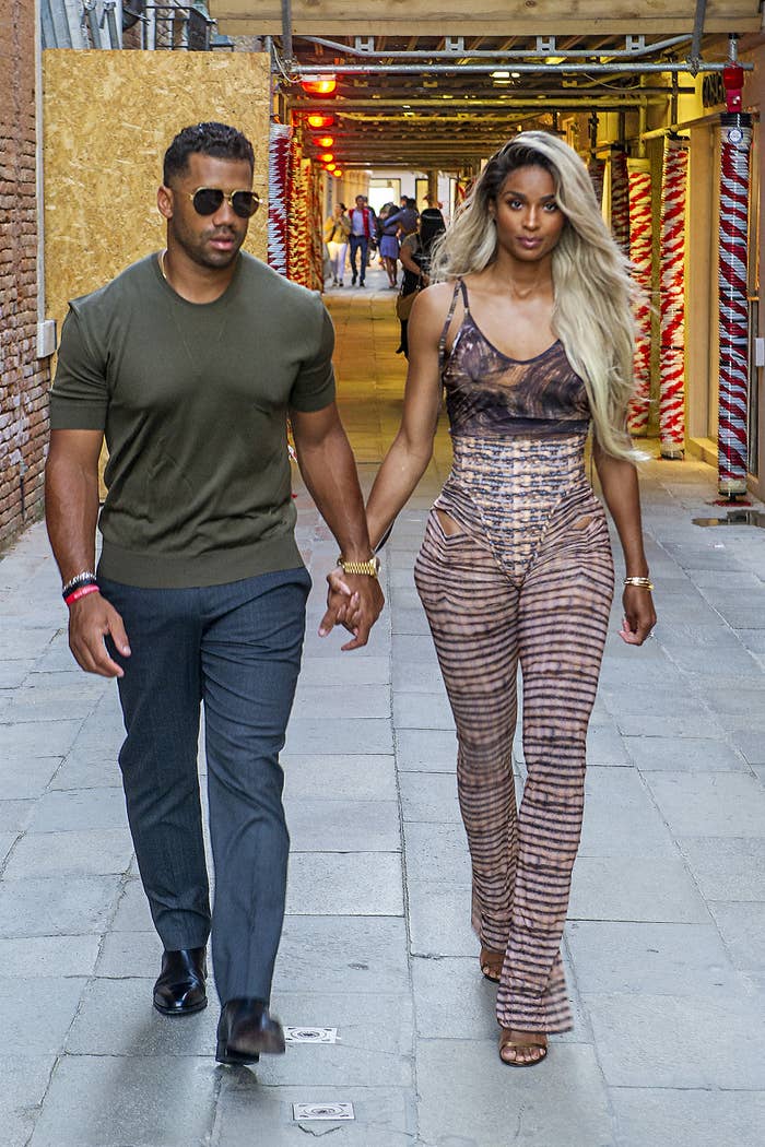 Russell Wilson and Ciara arrive at the Harry&#x27;s Bar for a dinner on July 02, 2021, in Venice, Italy