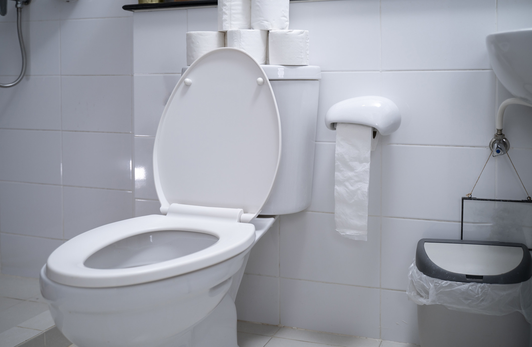 A toilet with an open lid in a clean bathroom