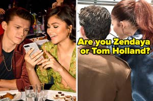 Zendaya and Tom Holland are having dinner on the left and on a roof on the right labeled, "Are you Zendaya or Tom Holland?"