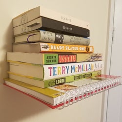 a reviewer photo of the same shelf with a stack of books on it and the shelf fully concealed 