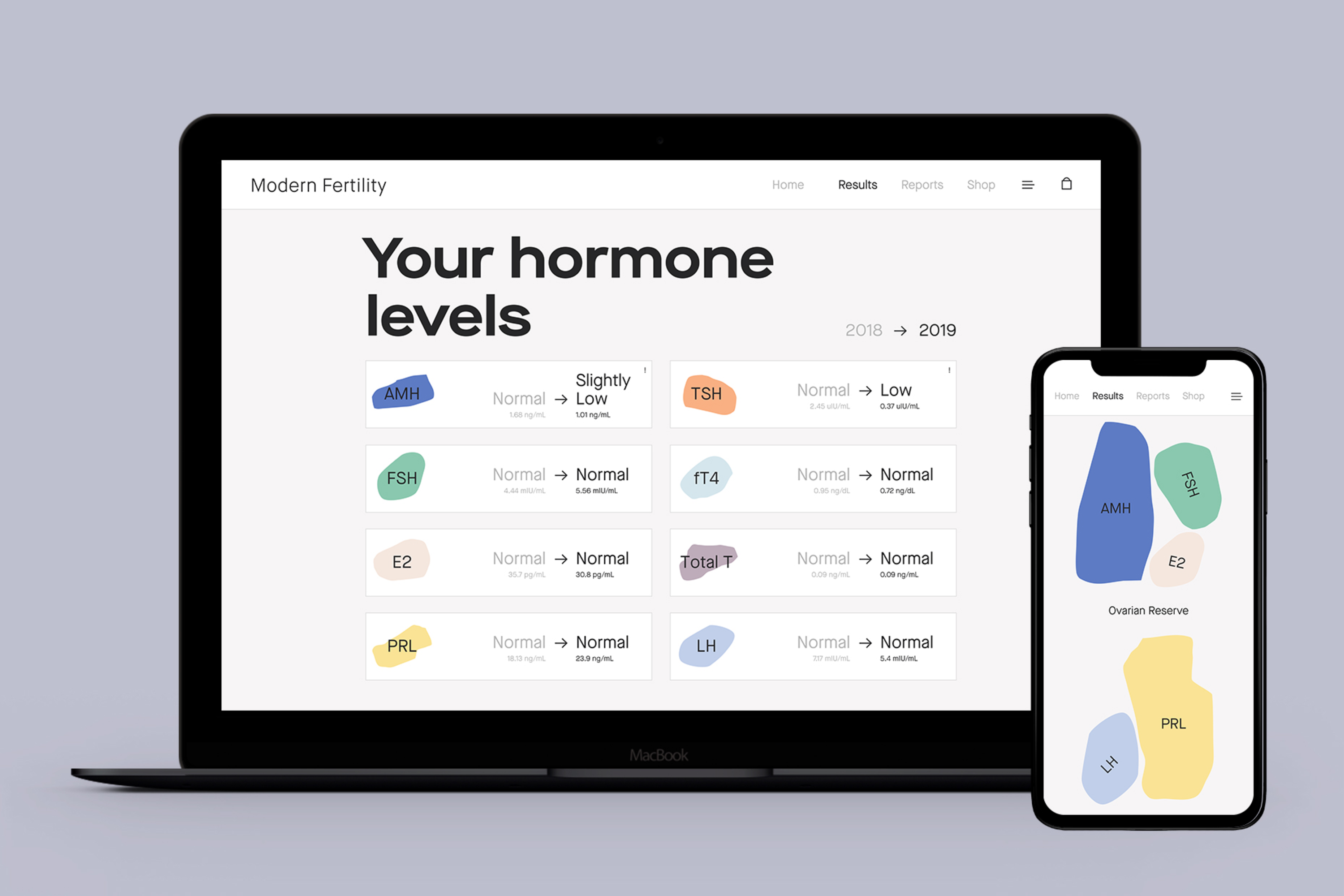 Modern Fertility hormone test results dashboard on desktop and mobile screens