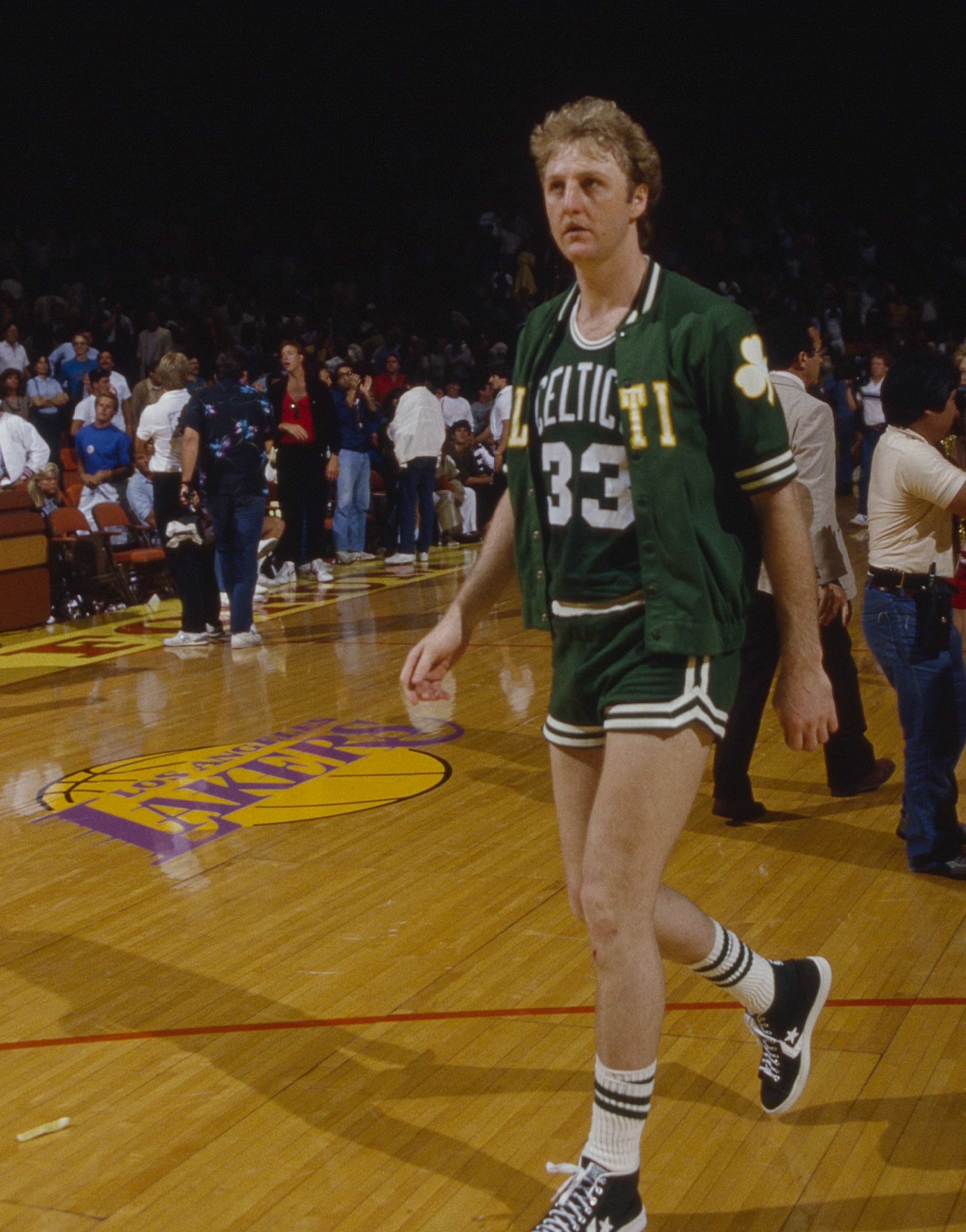 Larry Bird, the Celtics&#x27; No. 33, on the basketball court against the Los Angeles Lakers