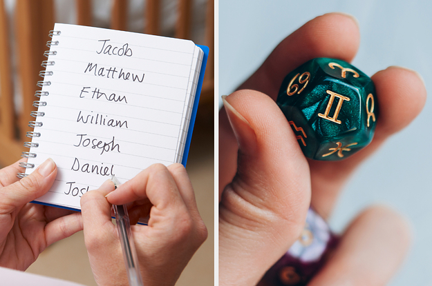 On the left, someone writing names down in a journal, and on the right, someone holding a cube thing with symbols for each of the zodiac signs on it