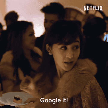 Woman pointing and saying Google it