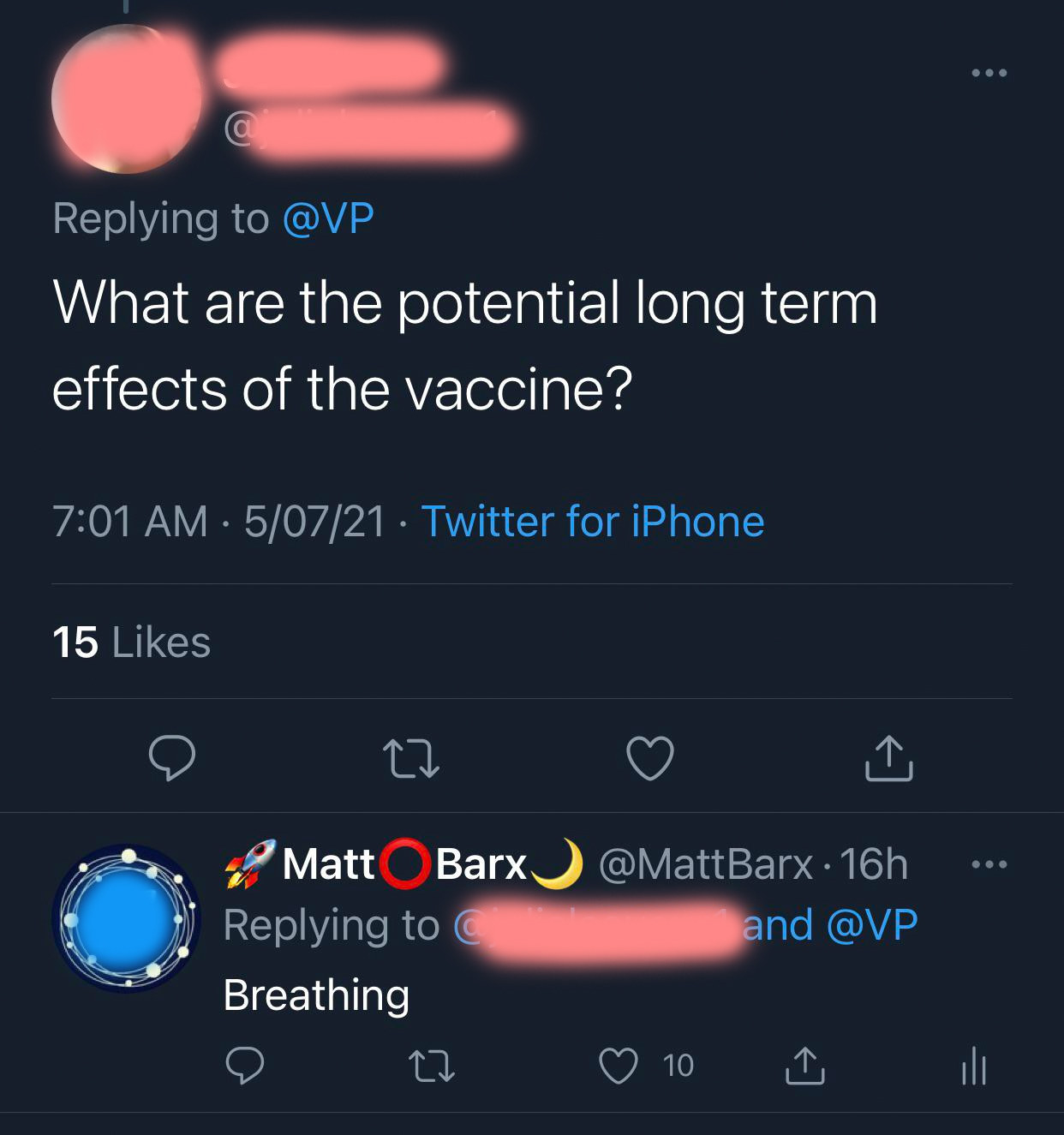Person who asks what are the long-term effects of the vaccine is told, &quot;Breathing&quot;