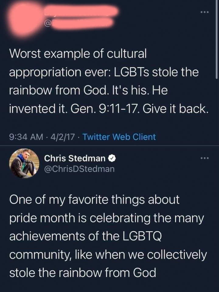 person who says gays stole the rainbow from god