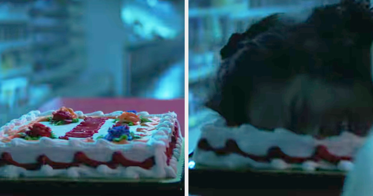 the skeleton mask killer pushing a girl's face into a cake
