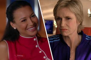 Santana Lopez, wearing her red and white high neck waitress uniform, smiles brightly and Sue Sylvester, wearing her blue track suit, narrows her eyes.