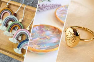 rainbow essential oil charms, jewellery tray, engraved floral ring 