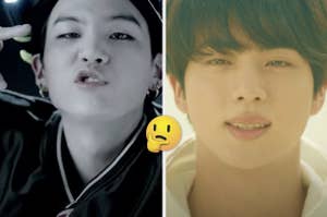 side by side images of Suga and Jin from BTS with a thinking face emoji between them