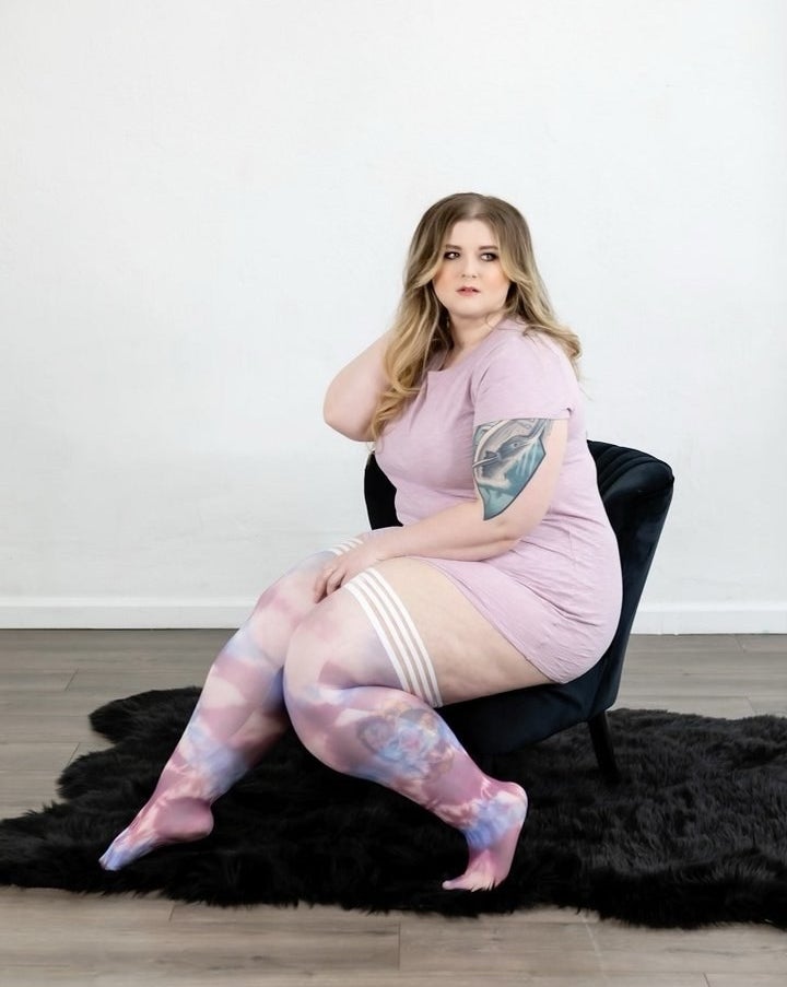 model in pink and blue tights