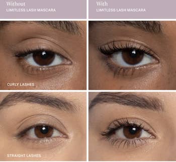 chart of curled and straight lashes without mascara, then with