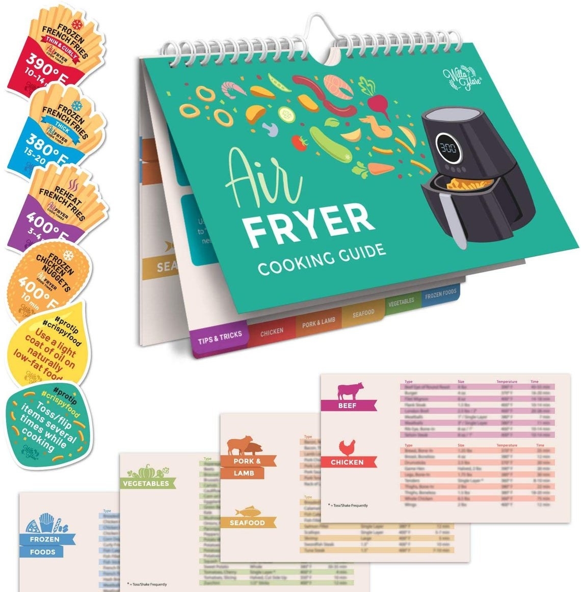 the air fryer cooking guide that shows a sample of quick setting tips for foods like fries frozen chicken tenders and more