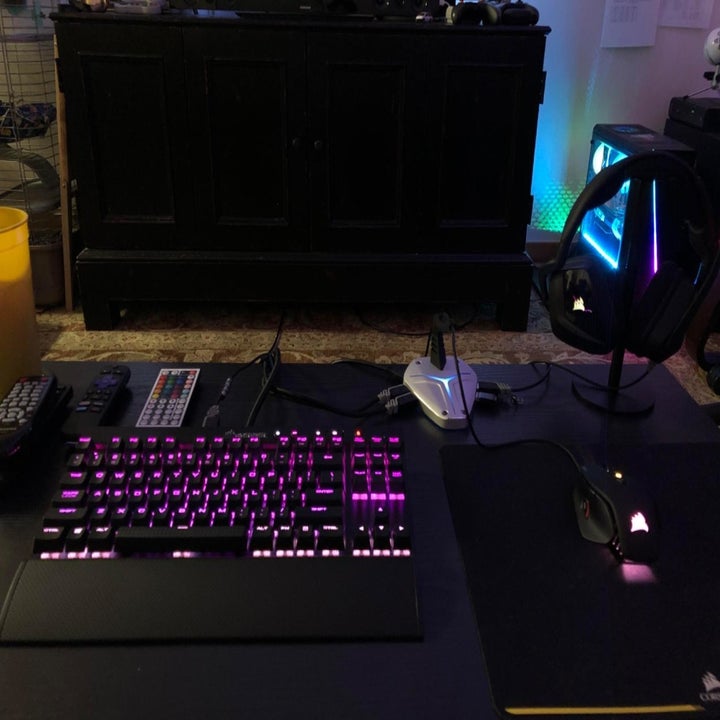 A customer with the keyboard set up along with their other equipment