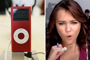 On the left, an iPod, and on the right, Miley Cyrus in the "7 Things" music video