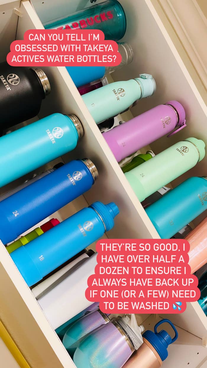Cabinet full of Takeya water bottles