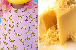 A girl is on the left wearing a banana shirt with cheese on the right being shredded