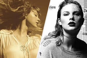 Taylor Swift has her head turned to the side as she's tinted in gold light and The album cover shows Taylor Swift tinted in black and white with newspaper print on one side of her face.