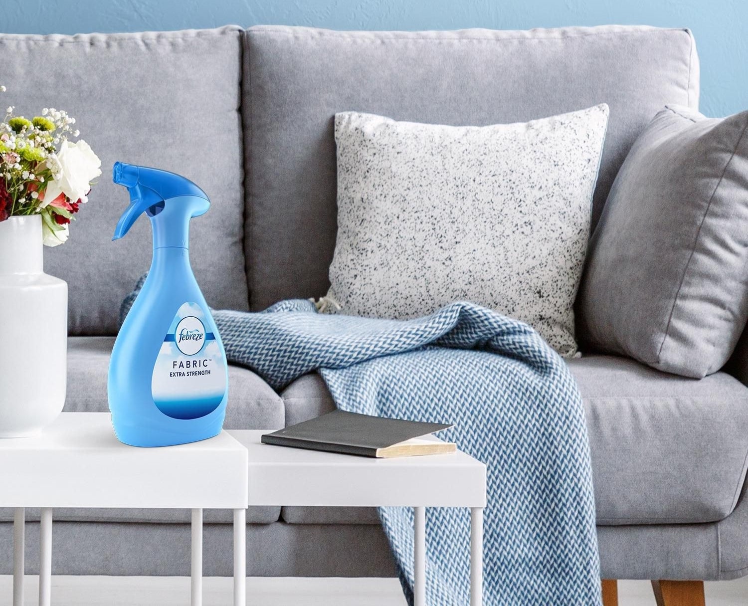 A living room with a bottle of Febreze on a coffee table in front of a couch