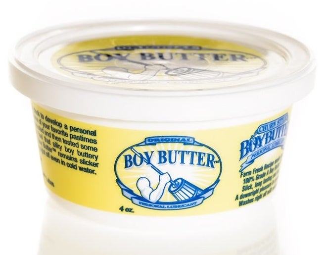 White and yellow tub of Boy Butter lubricant