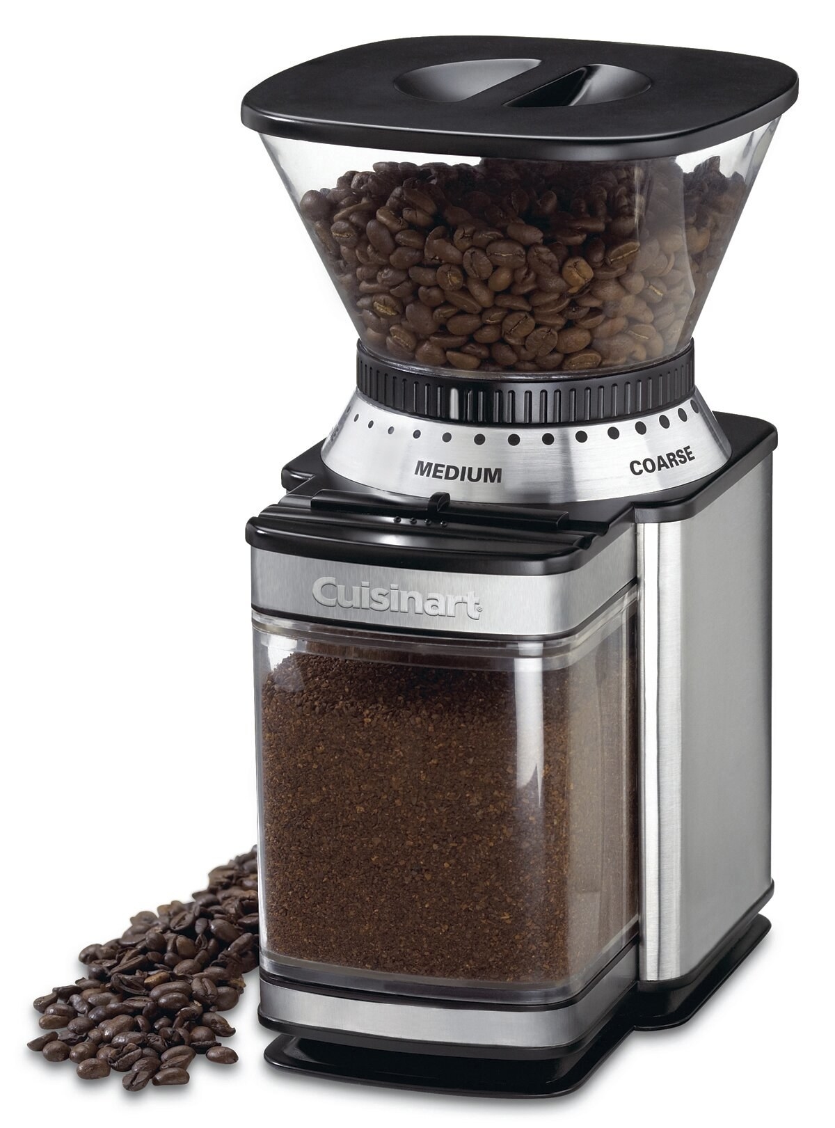 the grinder with beans in the top and grounds in the bottom