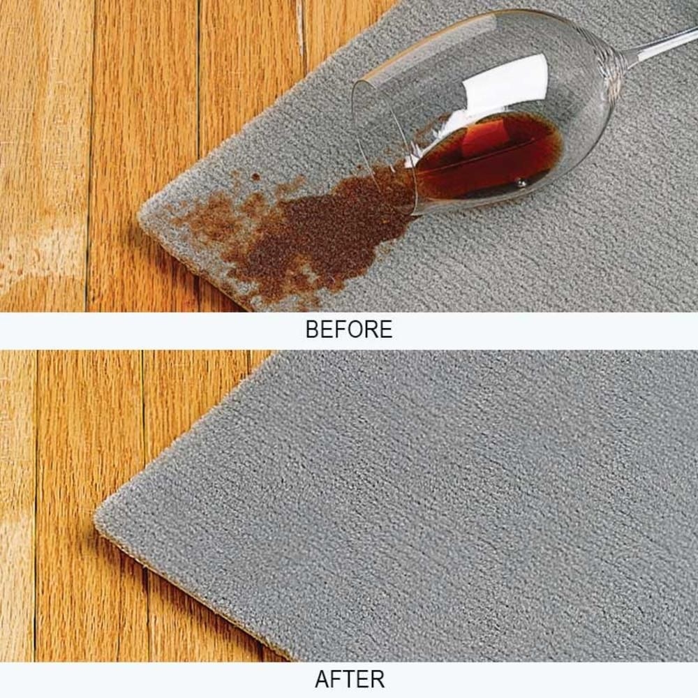 A before image of a spilled glass of red wine on a carpet and an after image of it look clean