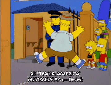 Homer Simpson jumping over a line saying, &quot;Australia, America, Australia, America&quot;