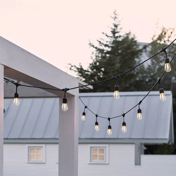 The lights are hung outside with a light pink sky in the background