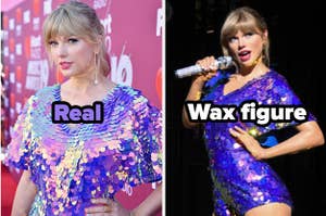 A side by side of Taylor Swift and her wax figure