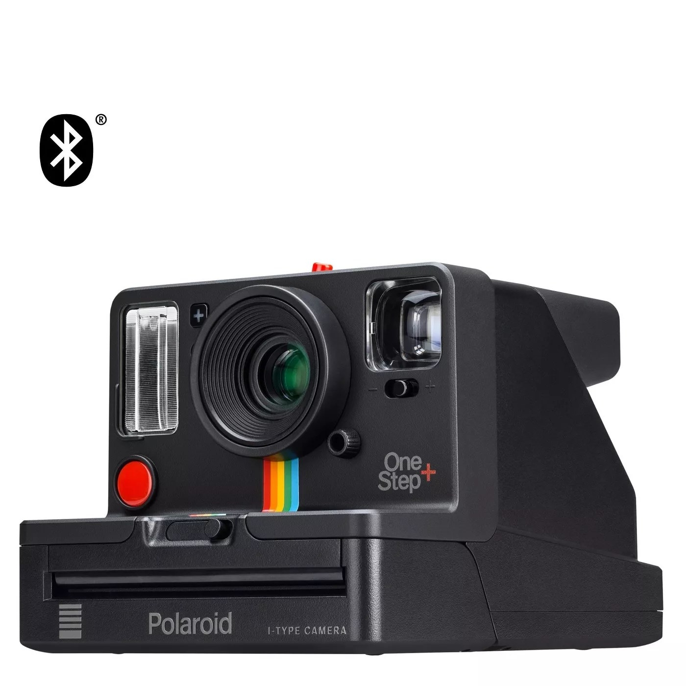 The black camera says &quot;Polaroid&quot; and &quot;OneStep+&quot; with rainbow stripes connecting the lens to the body of the camera