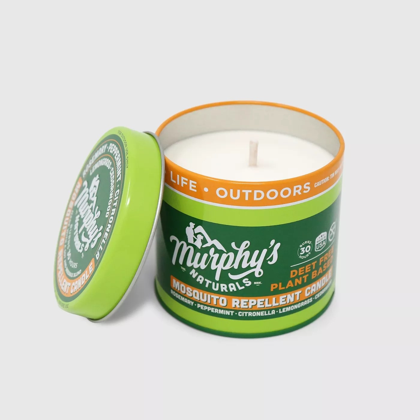 The candle itself is white and has a mix of oranges and greens on the package and says &quot;Murphy&#x27;s Naturals&quot;