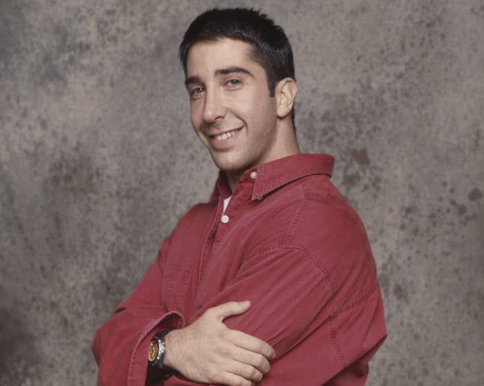 David poses in a Friends promo picture with his arms crossed