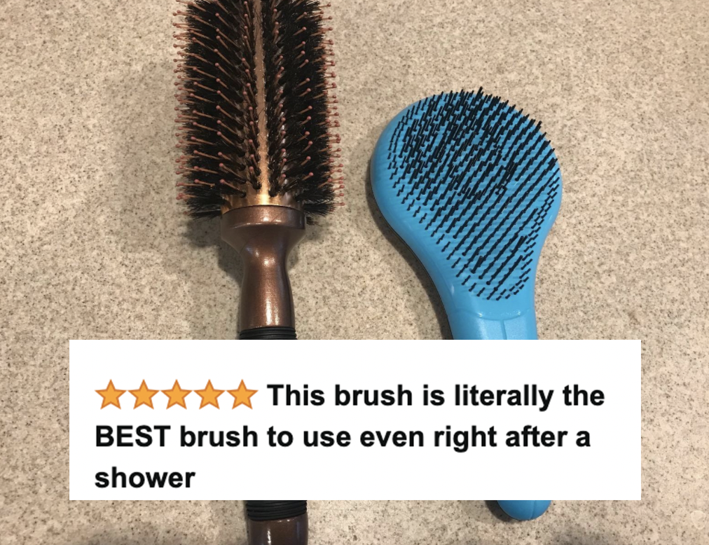 reviewer image of blue hairbrush with screenshotted review headline on top