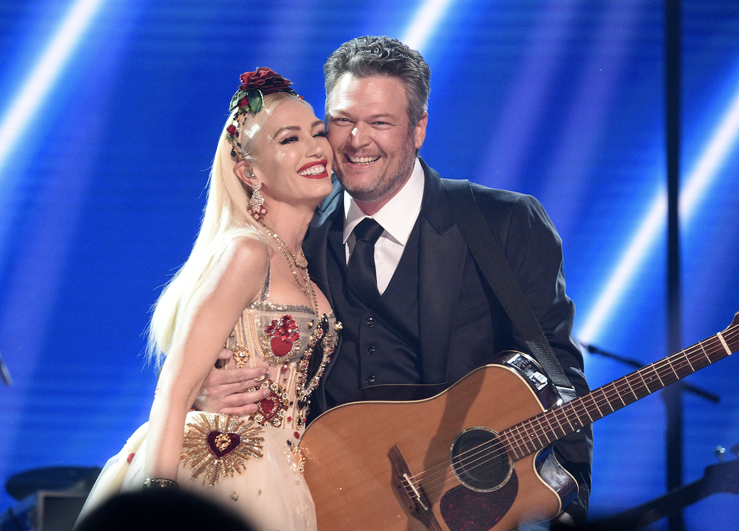 Gwen Stefani and Blake Shelton pose onstage during the 62nd Annual GRAMMY Awards at STAPLES Center on January 26, 2020 in Los Angeles, California